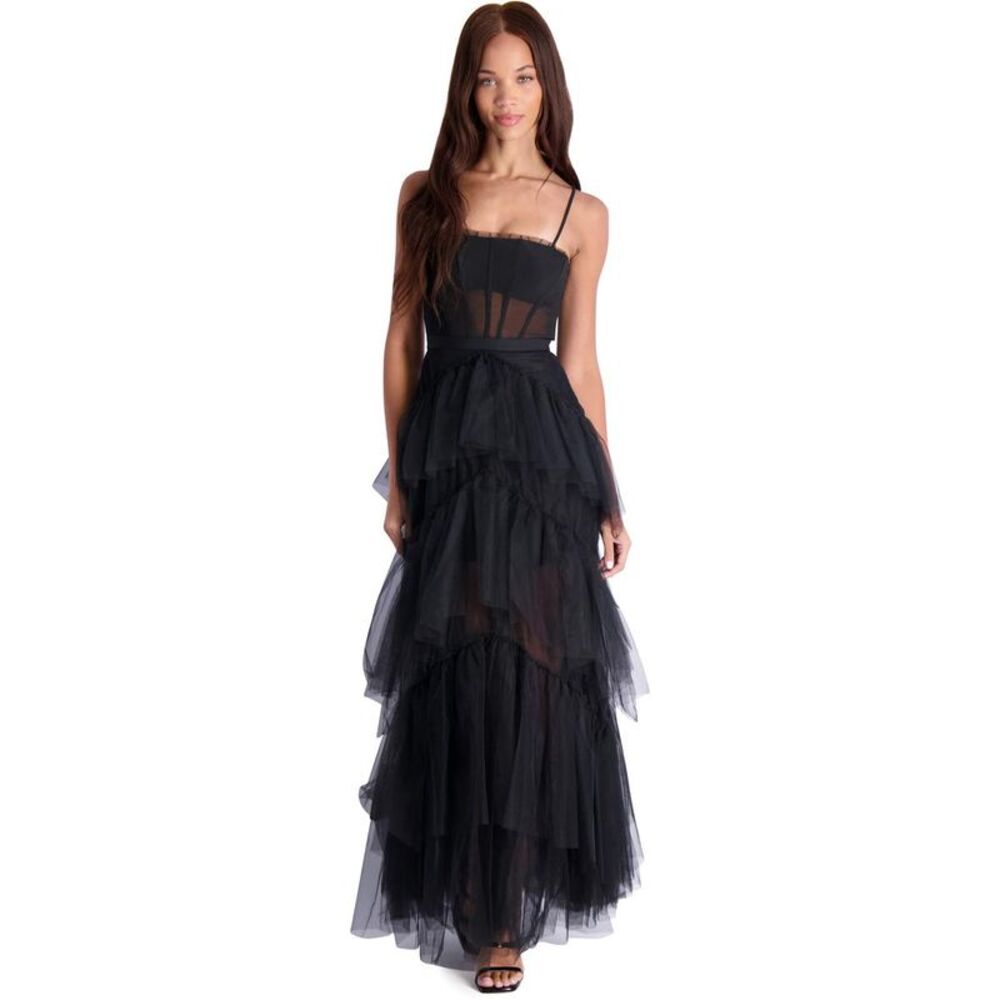BCBG Max Azria Oly Women’s Tiered Ruffle Tulle Sleeveless Corset Evening Gown - Picture 3 of 6
